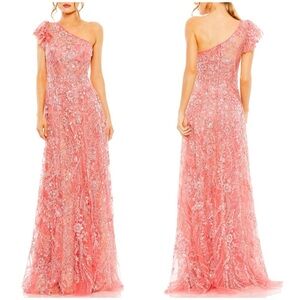 NWT Mac Duggal 68512 One Shoulder Beaded Lace Dress Corset Coral Pink Sz 2